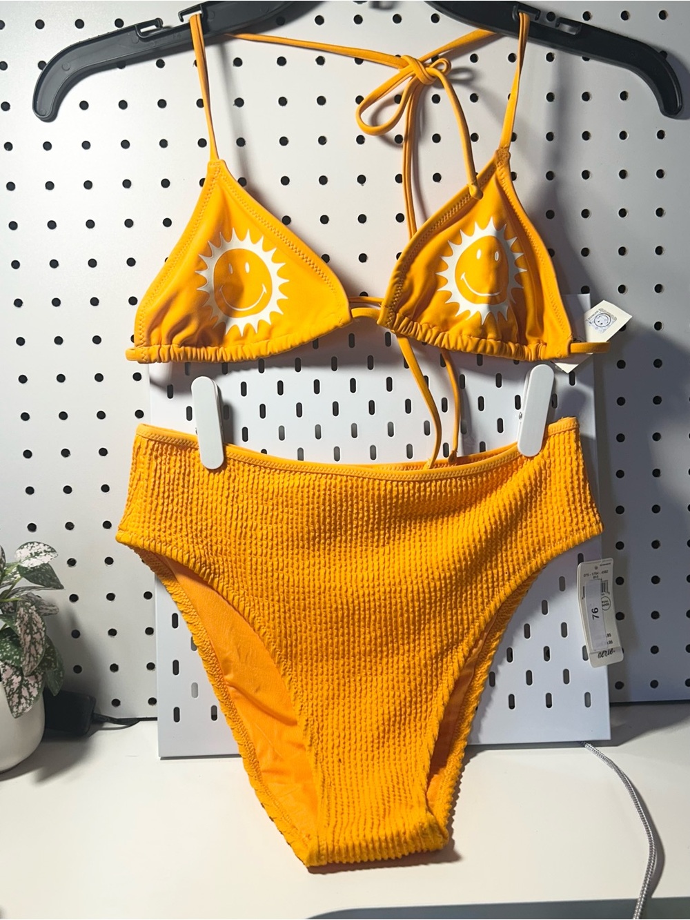 NWT Aerie Crinkle Orange Full Coverage Bikini Bottoms and Smiley Triangle Top